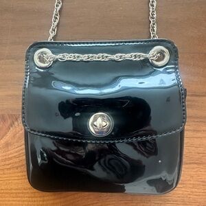 Talbots Black Patent Mini Bag with Gold Chain Strap and Closure